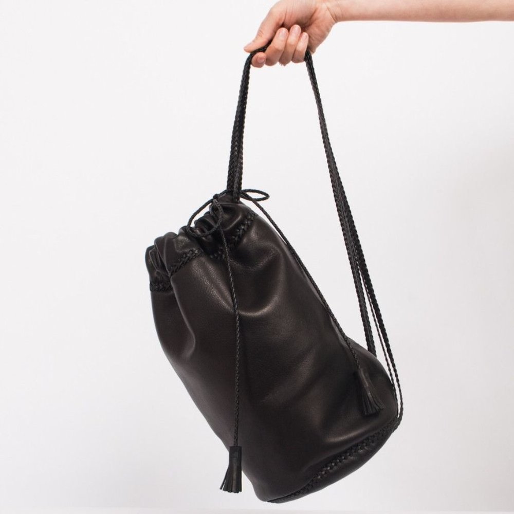 WENDY NICHOL Braided Black Leather Knapsack Backpack *Handmade in NYC*